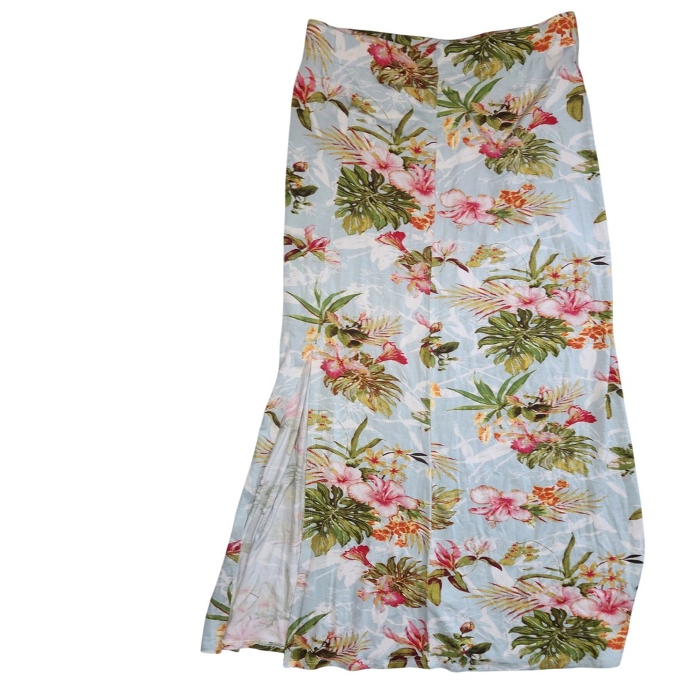 Margaritaville Womens Tropical Floral Maxi Skirt Blue Hibiscus Palm Slit XL